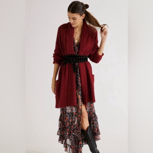 Pilcro Anthropologie Eyelash Cardigan in Wine Burgundy - Size Small - Picture 1 of 9